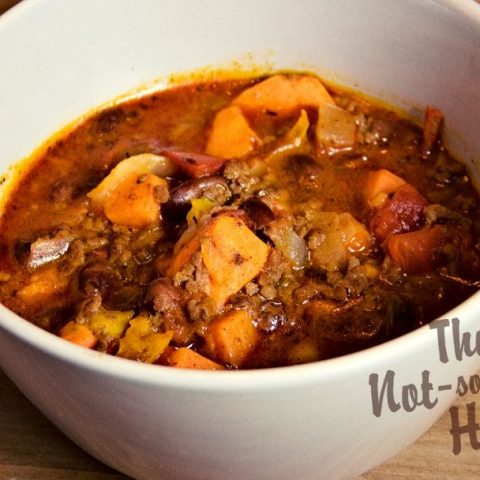 Sweet potato chili with ground beef and fresh tomatoes - hearty sweet potato chili