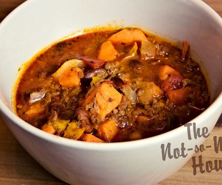 Sweet potato chili with ground beef and fresh tomatoes - hearty sweet potato chili