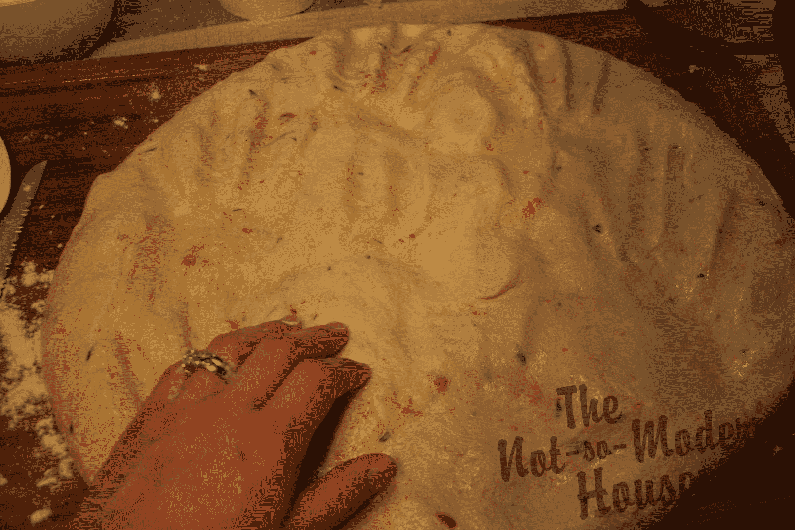 Italian Sun-dried Tomato Ciabatta | The Not So Modern Housewife degassing bread dough