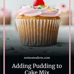 decorated vanilla cupcake with pink icing, cherry, and sprinkles - adding pudding to cake mix to make it taste better than homemade