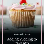 decorated vanilla cupcake with pink icing, cherry, and sprinkles - adding pudding to cake mix to make it taste better than homemade
