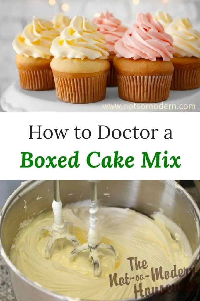 Decorated cupcakes and cake batter in a mixing bowl with beaters - How to Doctor a Boxed Cake Mix
