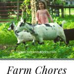 little girl with black and white goats in grass - Farm Chores with Little Kids