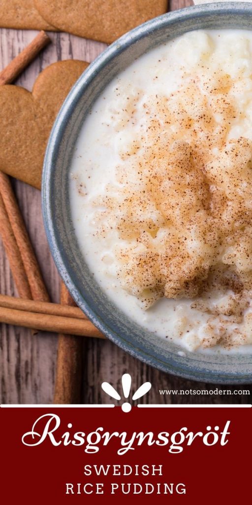 Risgrynsgrot is a sweet rice pudding or porridge from Sweden. Shown with Christmas cookies and cinnamon sticks.