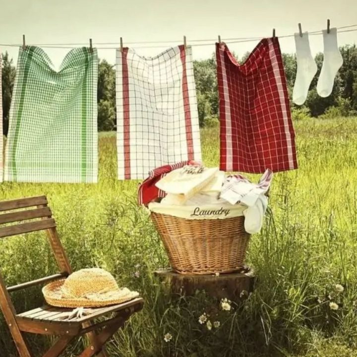 towels hanging on outdoor clothesline with laundry basket of clean clothes and wooden chair with sun hat