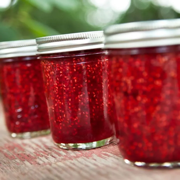 jars of home canned raspberry jam - learn how to preserve food - homesteading ideas