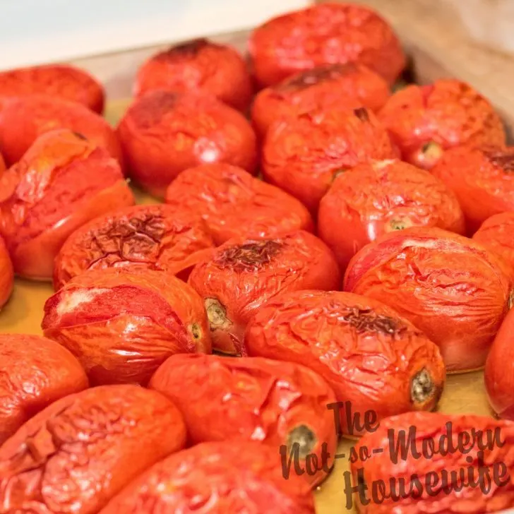 Delicious Restaurant Style Homemade Salsa Recipe with 4 Tips for Water Bath Canning | The Not So Modern Housewife roasted tomatoes with juices for salsa on cooking sheet - homemade salsa ingredients