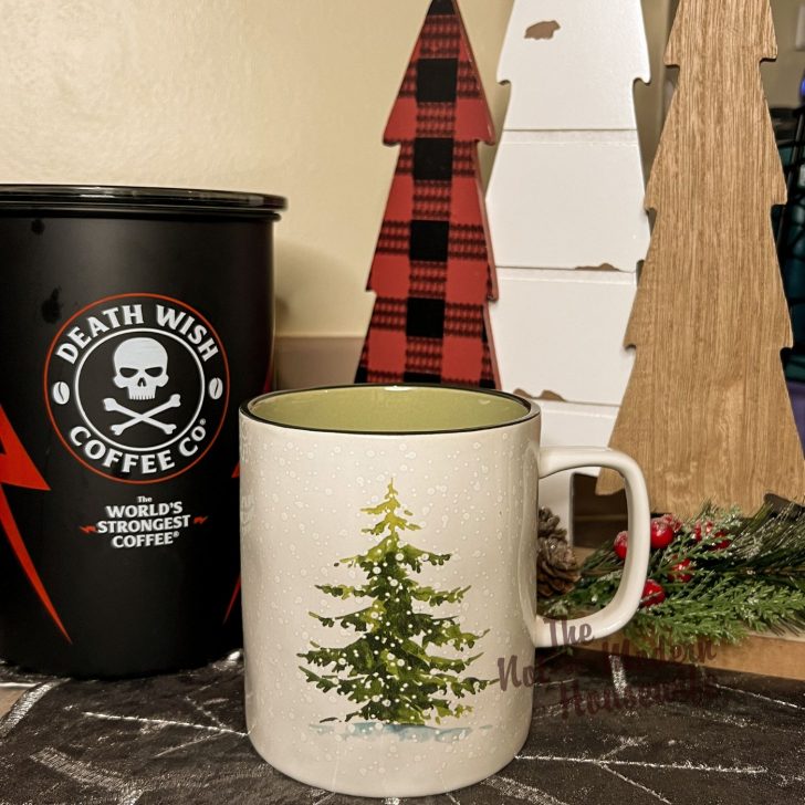 Death Wish Coffee Dark Roast Canister with Christmas mug and decor